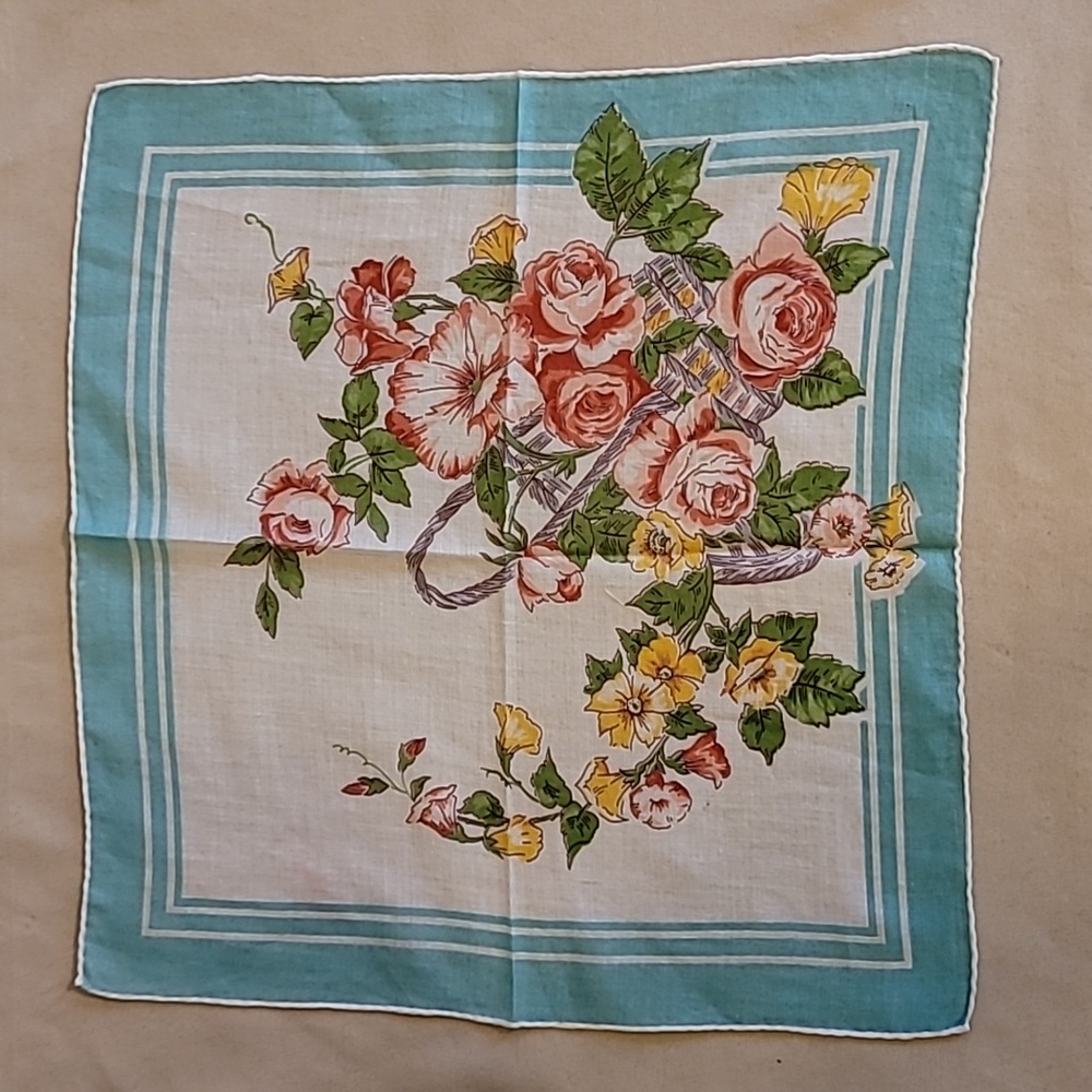 Floral Pattern Cotton Handkerchief Vintage Hand Rolled Hem Multi-Color